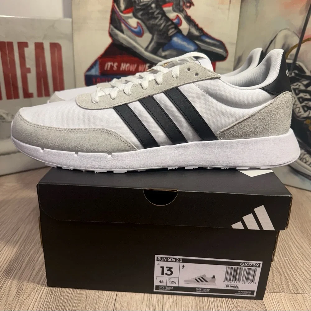 New Adidas Run 60s 2.0 Mens Shoes GX1739 White black Grey Sizes 8.5, 9, 9.5 - 13